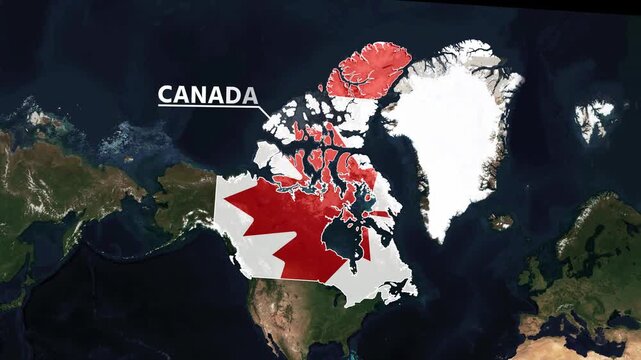 Zoom from Earth to Canada. (Country Flag) World map animation with highlighted country borders. Satellite 3d world map animation highlights aerial views, tourism, and travel. 4k