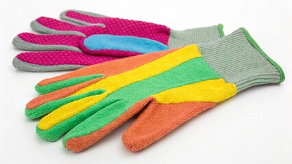 A pair of colorful gardening gloves, isolated on white background, are ready to protect your hands
