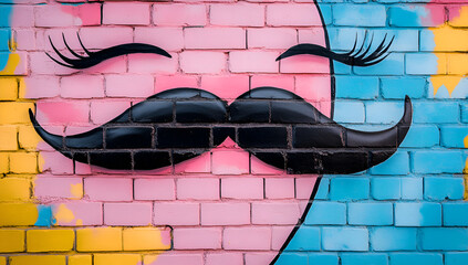 Colorful Brick Wall Graffiti With Black Mustache And Eyelashes