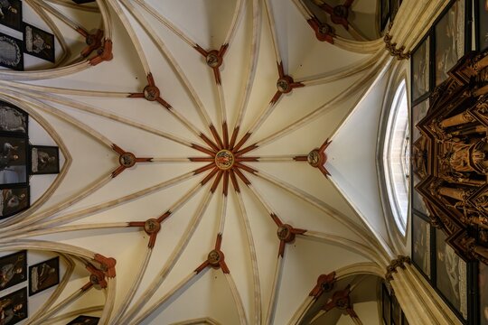 Vaulted star-shaped ceiling in the Chapter House of Burgos Cathedral - Powered by Adobe