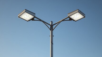 Modern LED streetlights shining brightly against a clear blue sky.