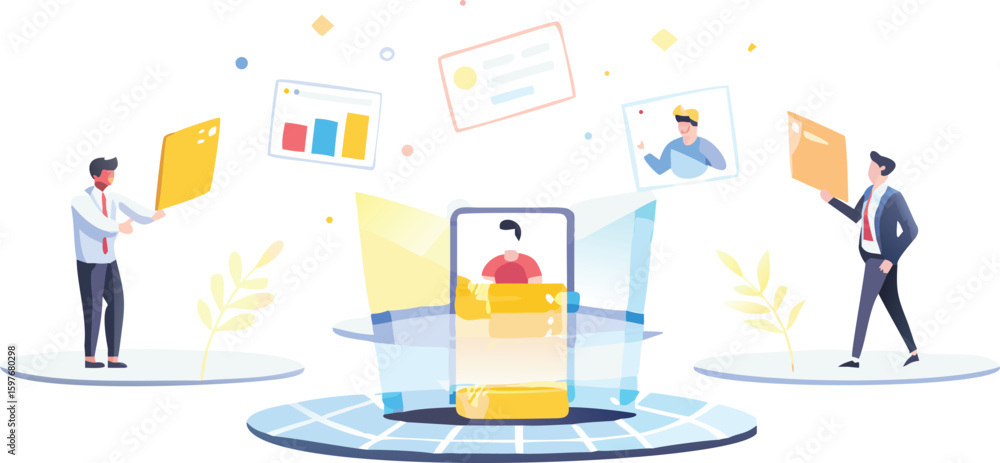 Poster businessmen with documents around a phone displaying a person and floating graphs and images