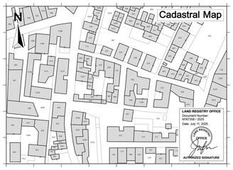 IMAGINARY BUT REALISTIC CADASTRAL MAP SHOWING LAND PARCELS, BUILDINGS, AND PROPERTY BOUNDARIES IN AN URBAN AREA - Ideal for use in land registry, urban planning, and real estate documentation