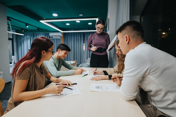 A group of students actively engaged in a collaborative project in a modern classroom. They appear...