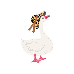 Goose in a large hat with leopard print on a white background. Trendy hipster farm bird character. Vector cartoon goose. Perfect for kids designs, stickers, prints, cards,and humor project