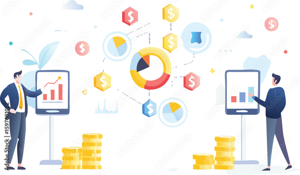 Aufkleber two business men analyzing financial data on tablets with coins and pie chart visualization present