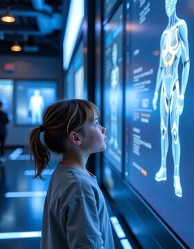  A curious girl observing a digital display of the human body at a science or technology museum.