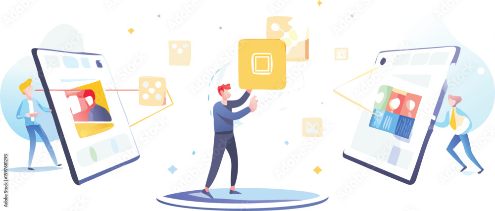 Poster illustration showing people interacting with mobile devices and floating icons around them