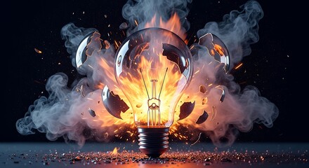 Exploding light bulb with fire and smoke against a dark background
