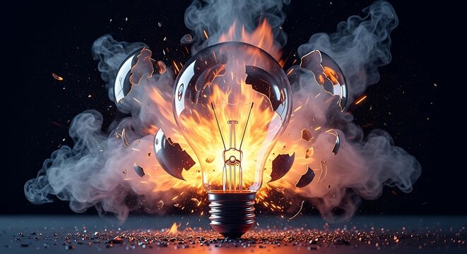 Exploding light bulb with fire and smoke against a dark background