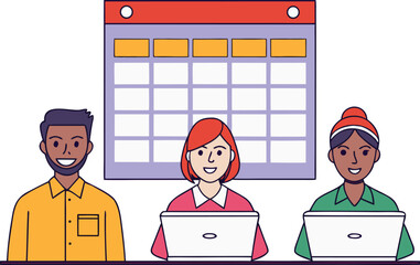 Business Task Management Concept. Vector cartoon illustration of a group of diverse people creating a task plan in a spreadsheet and a calendar. agenda, analysis, businesswoman, company, corporate, 