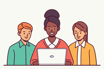 Fototapeta premium Online Business Concept. Vector cartoon illustration of a group of diverse people doing analytics on a laptop monitor via video call.analysis, brainstorming, ceo, chart, colleague, conference,