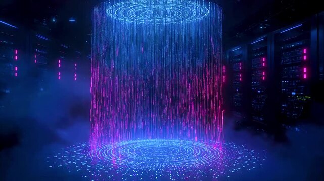 Futuristic digital waterfall display with vibrant blue and pink lights in a high-tech environment