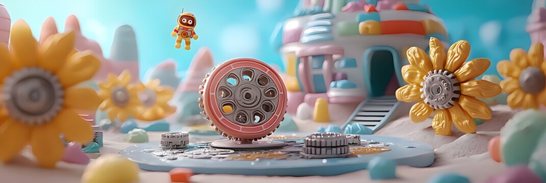 Whimsical candy land landscape with oval structure and floating figures