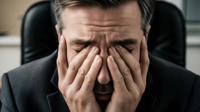 Exhausted Businessman Rubbing Eyes from Fatigue