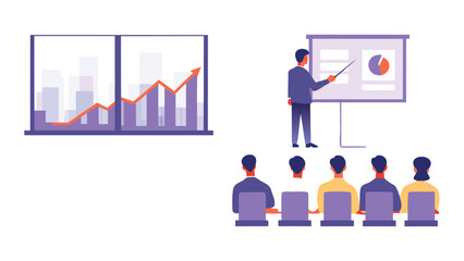 Presentation of business growth chart with audience and presenter using a pointer stick shown here