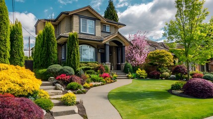Naklejka premium Front yard, landscape design with multicolored shrubs and green grass with a beautiful yard for the background. .