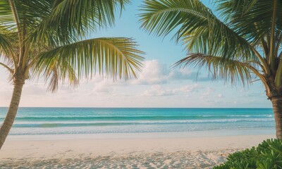 Tropical beach scene with palm trees and turquoise water