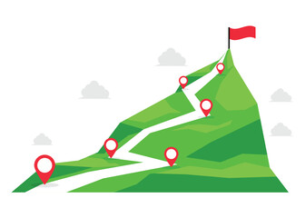 Infographic: The mountain path to success. Six-step mountain. Success story.