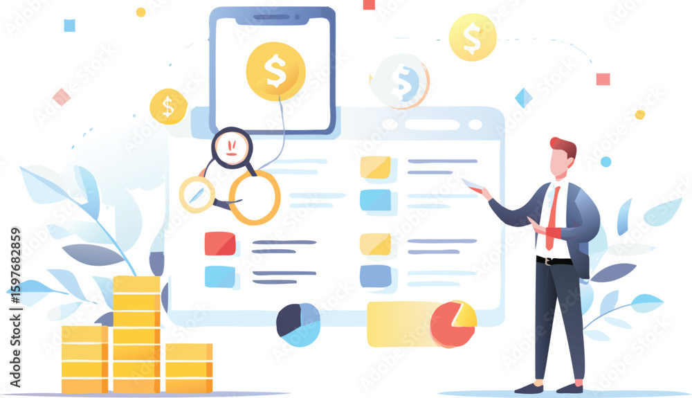 Poster illustration of a business presentation with coins and data charts on a screen display setup