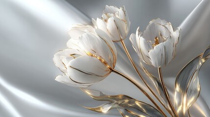 Elegant White Tulips With Gold Accents On Silk Background