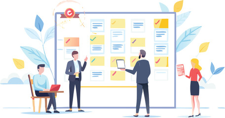 Team collaborating on a project board with sticky notes and task tracking in a modern office space