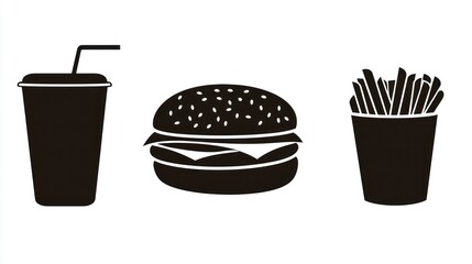 Simple black silhouettes of fast food.