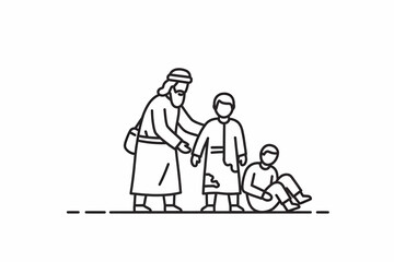 Man with beard helping two boys in need with one sitting down in a line art style illustration