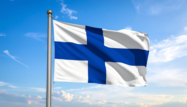 Finnish flag with blue Nordic cross on white background, flying against clear daylight sky.