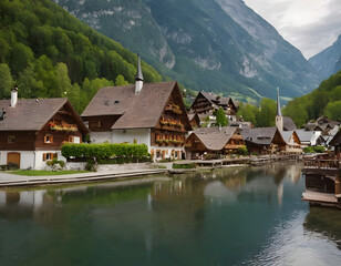Obraz premium small village on the lake, Hallstatt village in Austria. Beautiful village in the mountain valley near the lake. Mountains, landscape, and old town. Travel