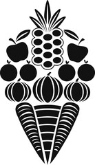 Creative arrangement of fruits and vegetables in an ice cream cone shape