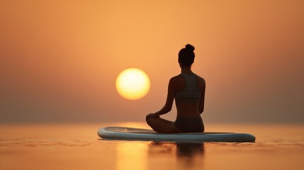 Silhouette of a woman practicing yoga and meditation on a paddle board in calm water, enjoying the tranquility of sunset over the ocean, promoting mindfulness and inner peace