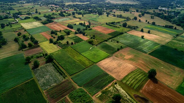 laerial drone photo showing fields with a variety of crops growing on them using the permaculture and polyculture principles, which are good for the ecology. Generative Al .
