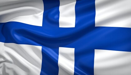 Obraz premium Finnish flag with white field and deep blue Nordic cross—vertical bar shifted toward hoist—waving gently against bright sky.