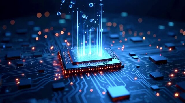 Futuristic microchip emitting blue energy beams amidst a digital circuit board background