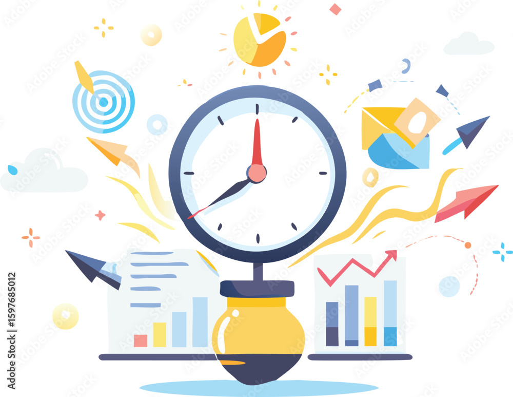 Poster clock with business elements showing time management and productivity illustration vector design