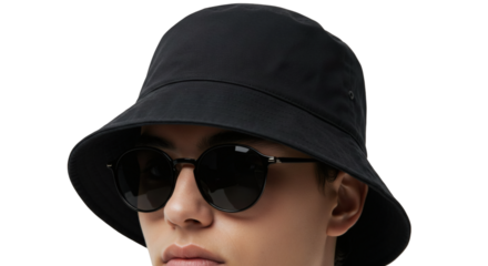 Close-up of a black bucket hat and sunglasses.