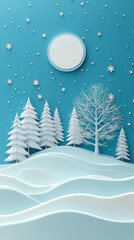 Whimsical paper cutout winter landscape with snowy trees and full moon
