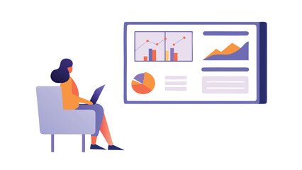 A woman sitting on a chair and working on a laptop while looking at a data dashboard screen display
