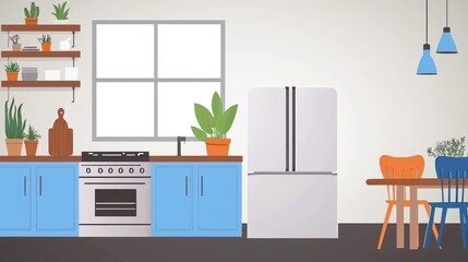 Colorful kitchen interior design illustration with plants and modern appliances.