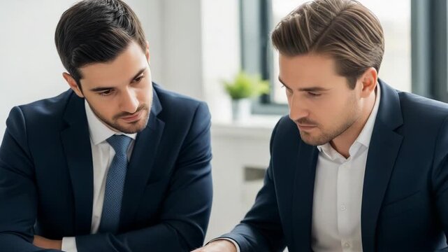 Two Male Professionals Discussing Documents in Office