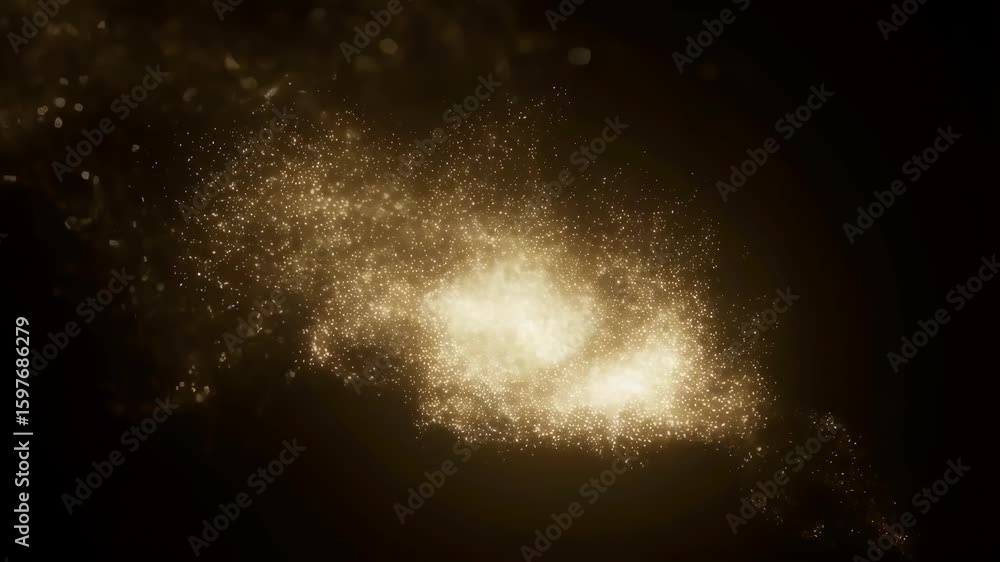Poster golden particles flow and swirl in dark space with cosmic stardust motion, creating mesmerizing gala