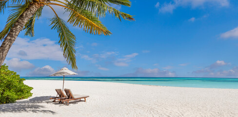  Luxury honeymoon beach landscape panoramic view summer vacation chairs under umbrella palm leaves, romantic couple relaxing by tropical sea sand, sunny sky, colorful nature, scenic paradise escape