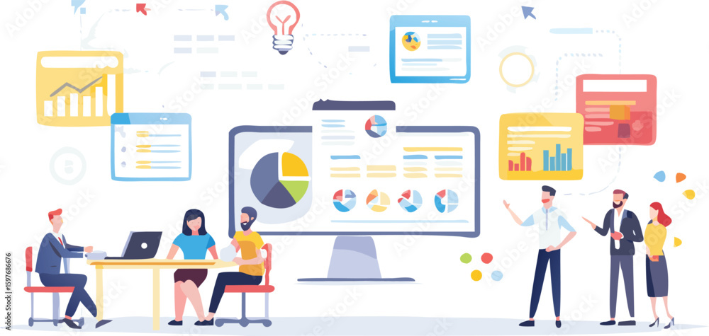 Poster illustration of business meeting with graphs, charts, and data analytics on a computer screen