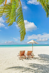  Luxury honeymoon beach landscape panoramic view summer vacation chairs under umbrella palm leaves, romantic couple relaxing by tropical sea sand, sunny sky, colorful nature, scenic paradise escape