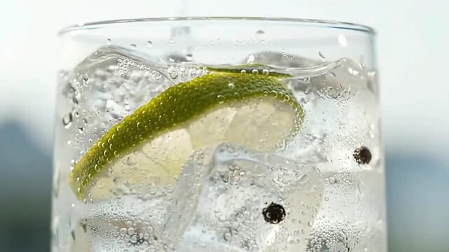 A chilled drink in a clear glass with ice lime slice and bubbles suggesting gin and tonic or a similar cocktail
