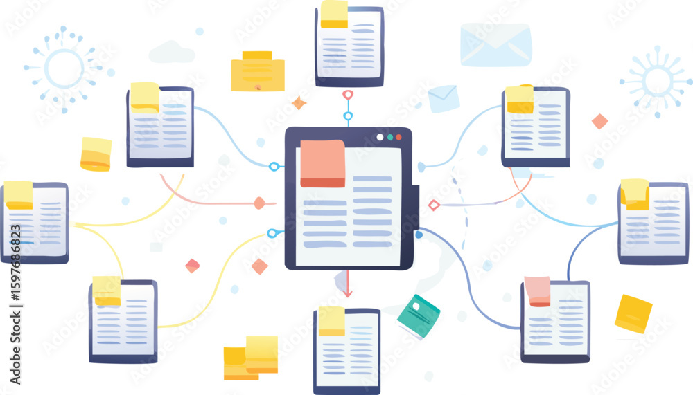Poster illustration of a central document connected to smaller documents and other icons around it