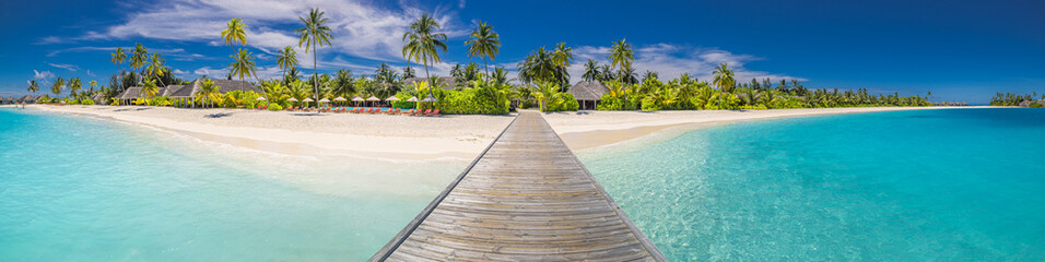  Picturesque panoramic exotic luxury travel background featuring jetty pier in Maldives paradise,...