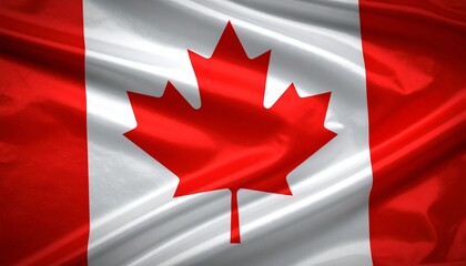Canadian flag with white field and central red maple leaf flanked by two vertical red bars, fluttering on flagpole under bright sky.