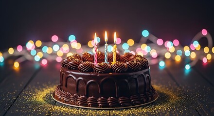 Delicious chocolate birthday cake with lit candles and bokeh lights